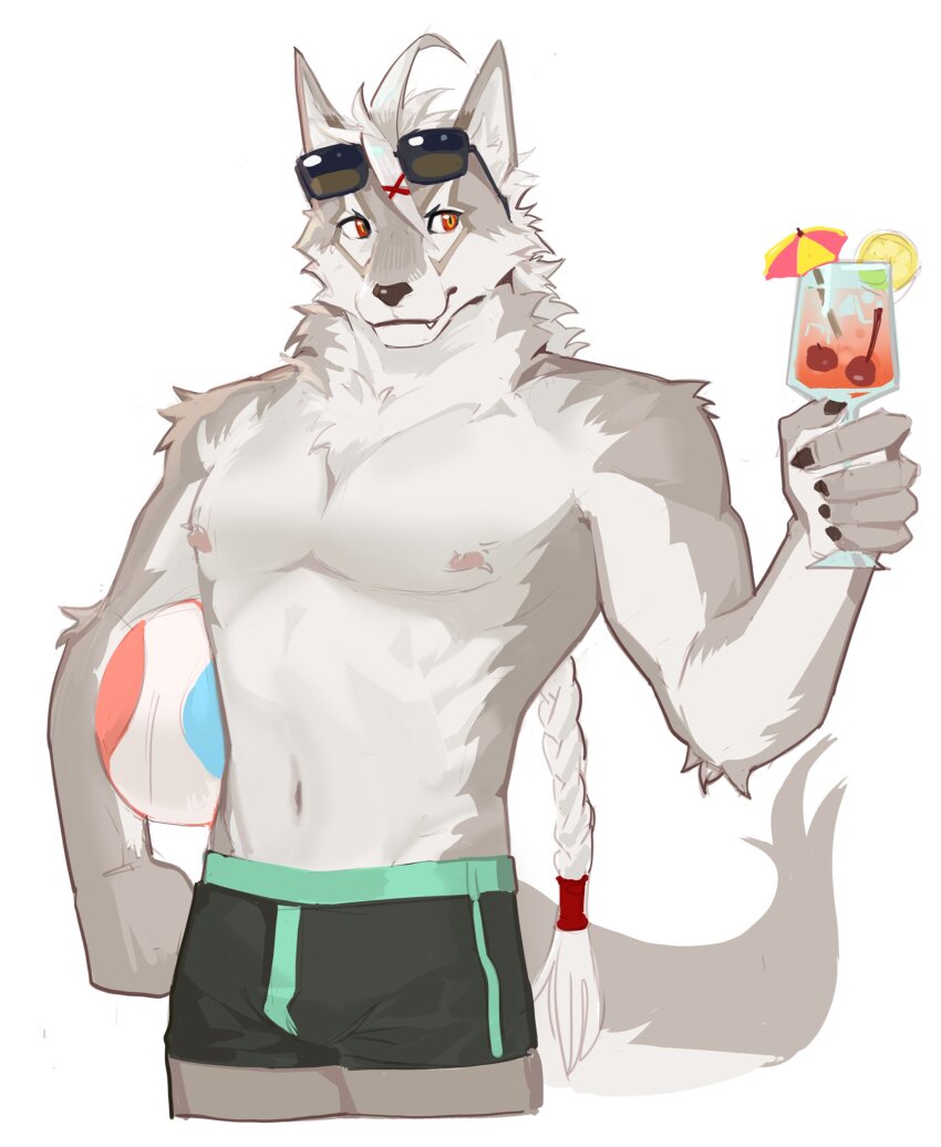 1boy, abs, absurdres, animal_ears, ball, bara, beachball, biceps