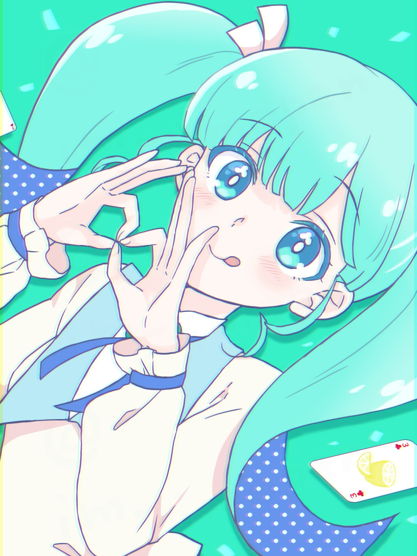 :p, aqua_background, aqua_eyes, aqua_hair, blouse, blue_ribbon, blunt_bangs, blush
