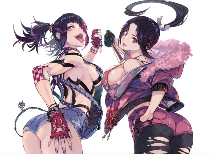 black_hair, breasts, cleavage, collar, denim, denim_shorts, fatal_fury, folding_fan