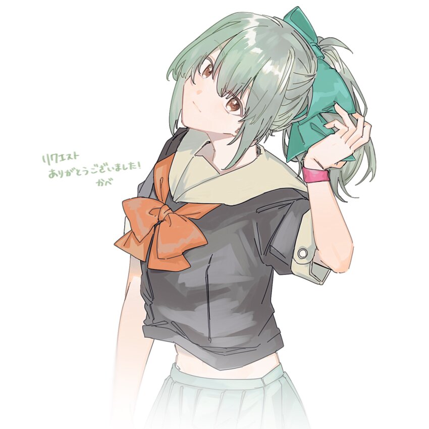 1girl, bow, bowtie, brown_eyes, closed_mouth, green_hair, hair_between_eyes, hair_bow