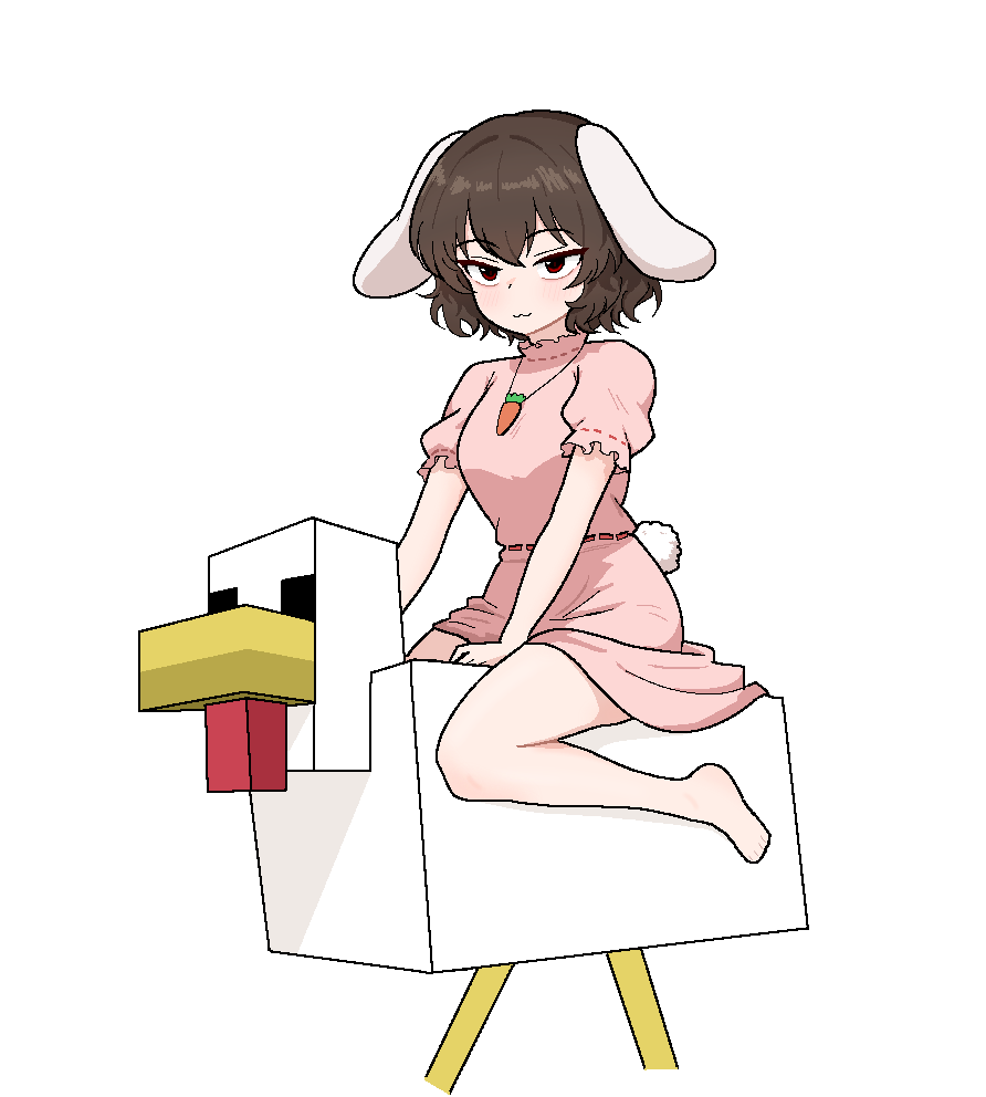 1girl, :3, a_minecraft_movie, animal_ears, barefoot, blush, breasts, brown_hair, carrot_necklace, chicken_(minecraft), chicken_jockey_(meme), closed_mouth, cocktiel77, commentary, dress, english_commentary, floppy_ears, frilled_dress, frilled_sleeves, frills, full_body, inaba_tewi, jewelry, looking_at_viewer, medium_breasts, meme, minecraft, necklace, pink_dress, puffy_short_sleeves, puffy_sleeves, rabbit_ears, rabbit_girl, rabbit_tail, red_eyes, ribbon-trimmed_dress, ribbon_trim, short_hair, short_sleeves, simple_background, smile, solo, tail, touhou, white_background