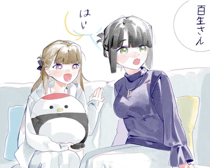 2girls, alternate_hairstyle, black_bow, black_hair, blue_sweater, blush, bow, braid