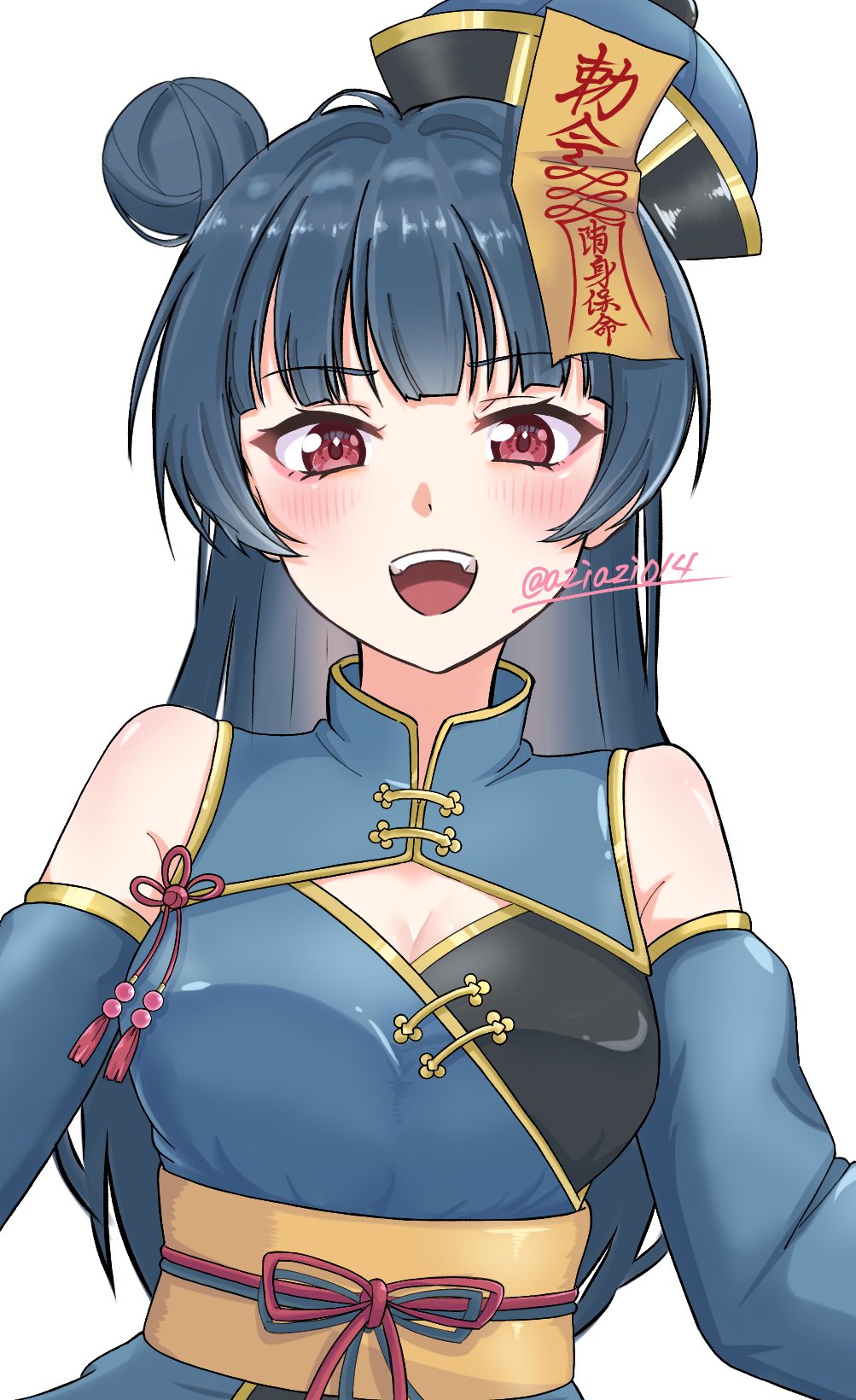 1girl, :d, aziazi014, bare_shoulders, black_hat, blue_dress, blue_hair, blunt_bangs, breasts, china_dress, chinese_clothes, cleavage, cleavage_cutout, clothing_cutout, detached_sleeves, dress, hair_bun, hat, highres, jiangshi_costume, long_hair, looking_at_viewer, love_live!, love_live!_sunshine!!, medium_breasts, open_mouth, qingdai_guanmao, red_eyes, sash, single_side_bun, sleeveless, sleeveless_dress, smile, solo, tilted_headwear, tsushima_yoshiko, twitter_username, upper_body, yellow_sash