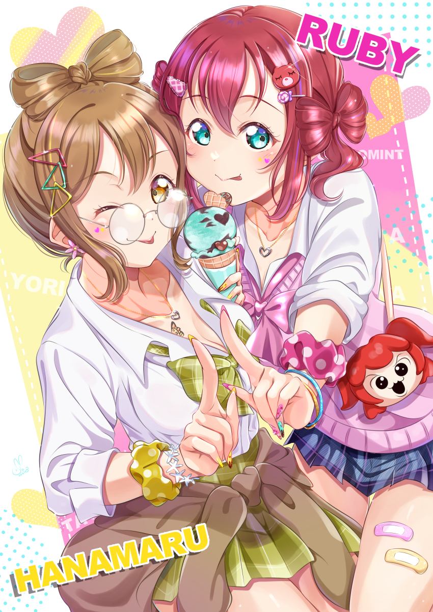 2girls, :3, :p, ;p, absurdres, ai_scream!_(love_live!), alternate_costume, aqua_eyes