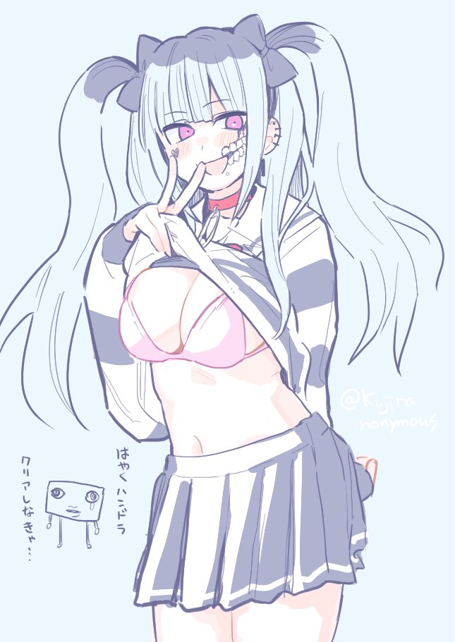 1girl, amemiya_darumi, black_hair, blue_hair, bra, breasts, cleavage, clothes_lift, female_focus, japanese_text, looking_at_viewer, mei_guchuan, navel, pink_bra, pink_eyes, pleated_skirt, shirt_lift, simple_background, skirt, solo, the_hundred_line_-last_defense_academy-, twintails, underwear, white_background