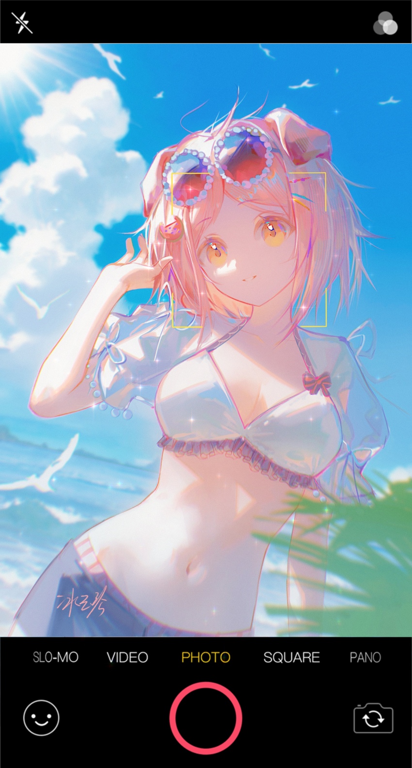 1girl, absurdres, animal_ears, arknights, artist_name, bikini, bikini_top_only, bingyuqin, cat_ears, chinese_commentary, cloud, commentary_request, day, eyewear_on_head, fake_phone_screenshot, fake_screenshot, floppy_ears, focus_viewfinder, food-themed_hair_ornament, goldenglow_(arknights), goldenglow_(summer_flowers)_(arknights), gradient-tinted_eyewear, hair_ornament, hairclip, hand_in_own_hair, highres, navel, orange_eyes, outdoors, parted_lips, pink_hair, scottish_fold, short_hair, short_sleeves, shorts, shrug_(clothing), signature, solo, sunglasses, swimsuit, tinted_eyewear, viewfinder, watermelon_hair_ornament, white_bikini