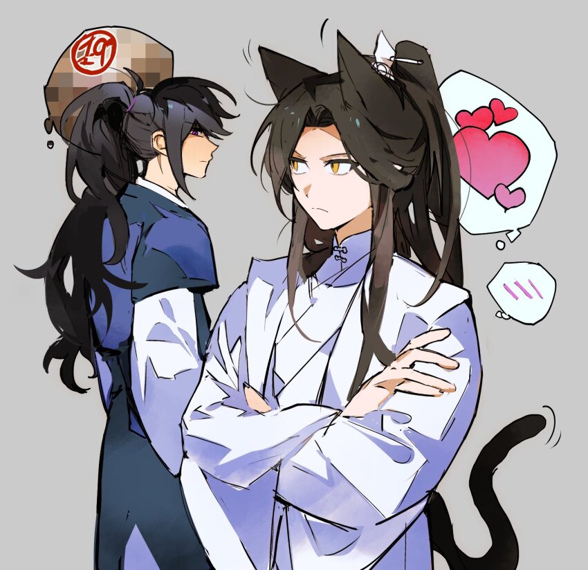 2boys, animal_ears, black_hair, black_hanfu, brown_hair, cat_ears, cat_tail, censored