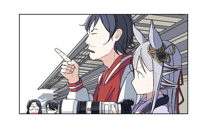 1girl, 3boys, animal_ears, black_hair, blue_eyes, camera, chrono_genesis_(umamusume), closed_eyes