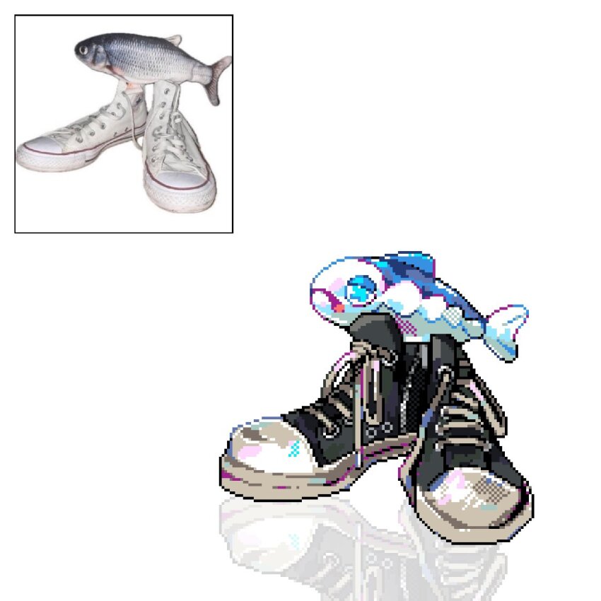 animal, animal_focus, clothed_animal, commentary, drip_(meme), english_commentary, fish, gen_7_pokemon, meme, nintendo, no_humans, photo-referenced, photo_inset, pixel_art, pokemon, pokemon_(creature), reference_inset, reflection, robin_(pixelated_robin), shoes, simple_background, sneakers, solo, white_background, wishiwashi, wishiwashi_(solo)