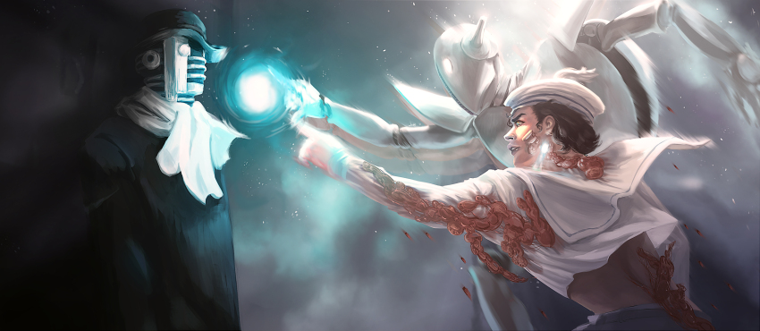 1boy, 2others, absurdres, black_hair, black_hat, black_shirt, bowler_hat, dixie_cup_hat