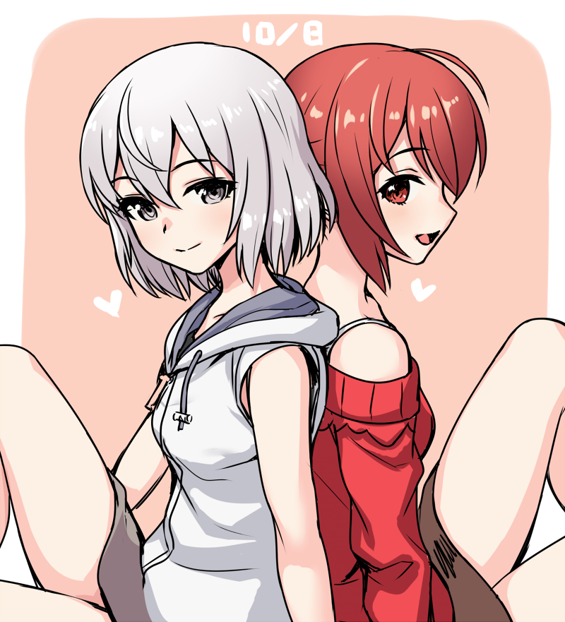 2girls, back-to-back, bra_strap, brown_skirt, commentary_request, dated, grey_eyes, grey_hair