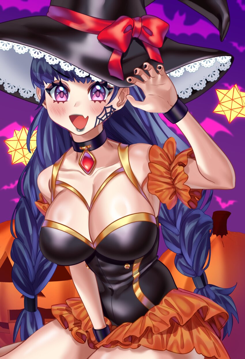 absurdres, blue_hair, breasts, cleavage, commission, dress, fang, halloween, hat, highres, long_hair, nanaderei, original, purple_eyes, silvya_maris, vgen_commission, witch_hat