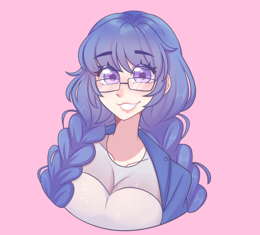 blue_hair, blue_jacket, breasts, cleavage, commentary_request, dress, glasses, jacket, linyuusu, long_hair, original, purple_eyes, see-through_cleavage, see-through_clothes, silvya_maris, spanish_commentary, white_dress