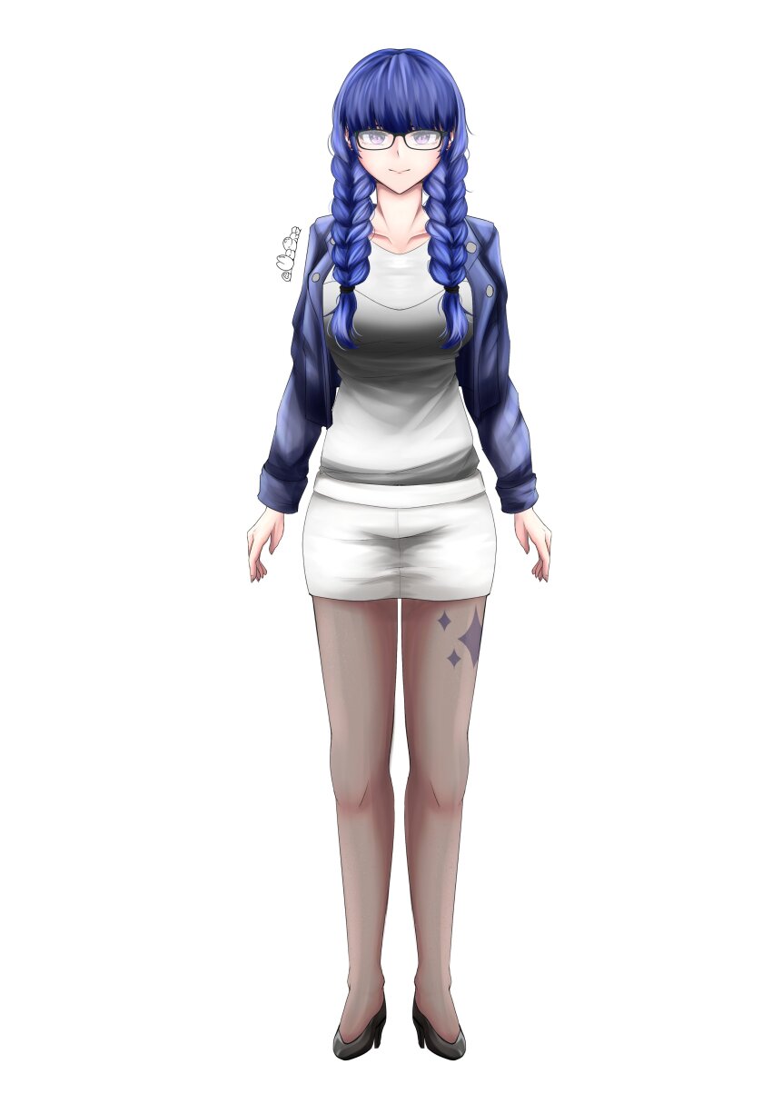 1girl, absurdres, blue_hair, blue_jacket, cerguss, closed_mouth, commentary, dress, dress_shoes, english_commentary, glasses, highres, jacket, leg_tattoo, long_hair, looking_at_viewer, miniskirt, original, pantyhose, purple_eyes, silvya_maris, skirt, solo, tattoo, white_dress, white_skirt