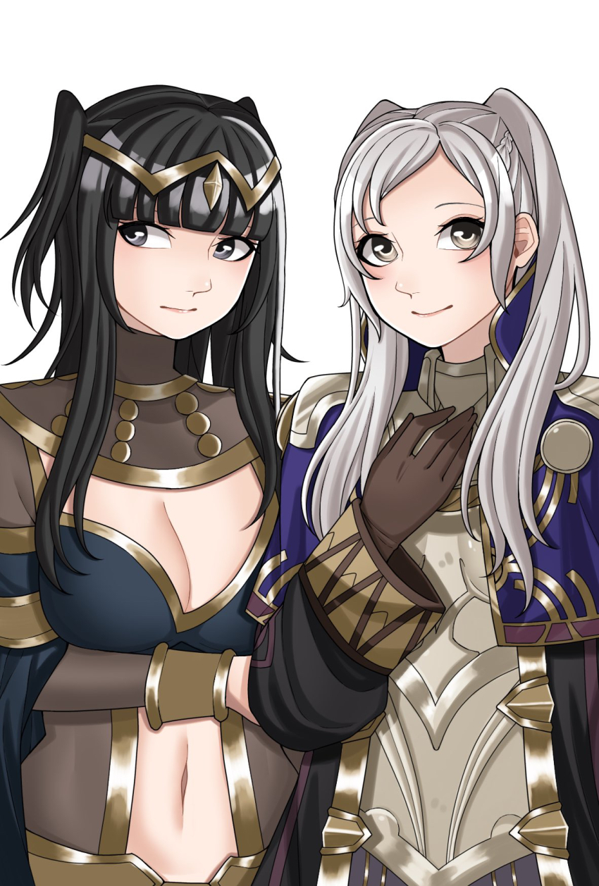 2girls, ao_saryaruhu, arm_under_breasts, armlet, black_bra, black_eyes, black_hair, bodysuit