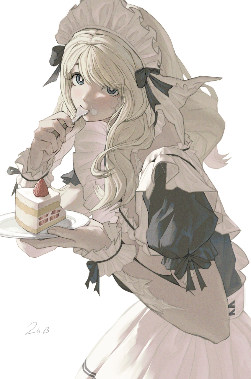 1girl, absurdres, apron, au_ra, bimel_isabella, black_dress, blonde_hair, blue_eyes