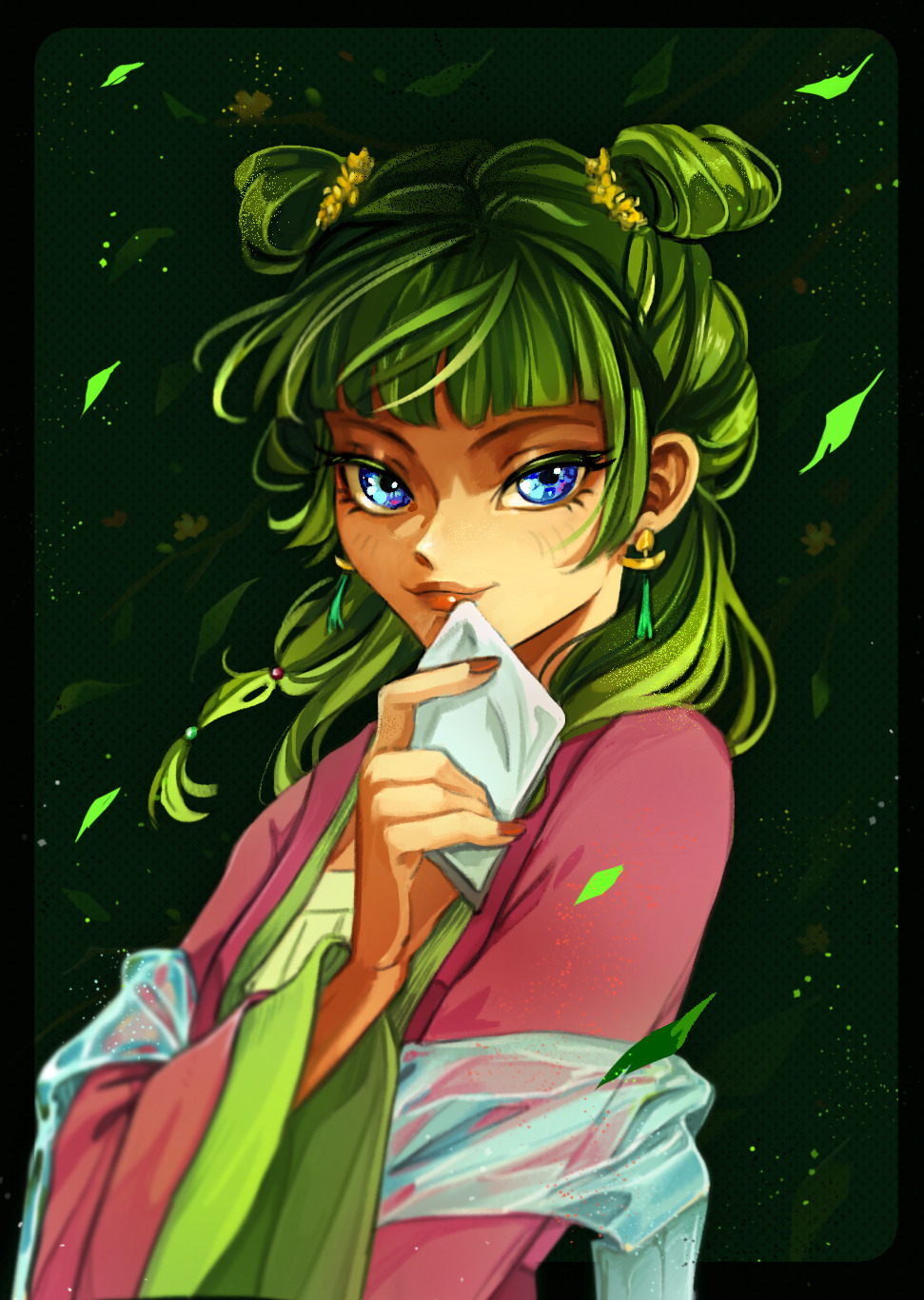 1girl, blue_eyes, brown_nails, earrings, green_hair, hand_up, highres, jewelry, kusuriya_no_hitorigoto, liprikon, lipstick, long_hair, looking_at_viewer, makeup, maomao_(kusuriya_no_hitorigoto), solo, wide_sleeves