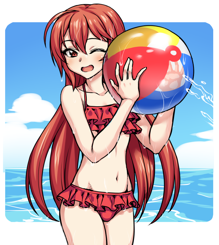 1girl, ball, beachball, bikini, commentary_request, cowboy_shot, frilled_bikini, frills