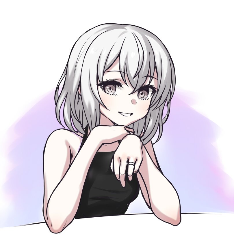 1girl, black_camisole, breasts, camisole, commentary, grey_eyes, grey_hair, jewelry