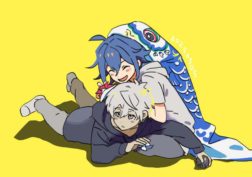 2boys, :d, :o, ^_^, absurdres, aged_down, ahoge, aoyama_kazuki