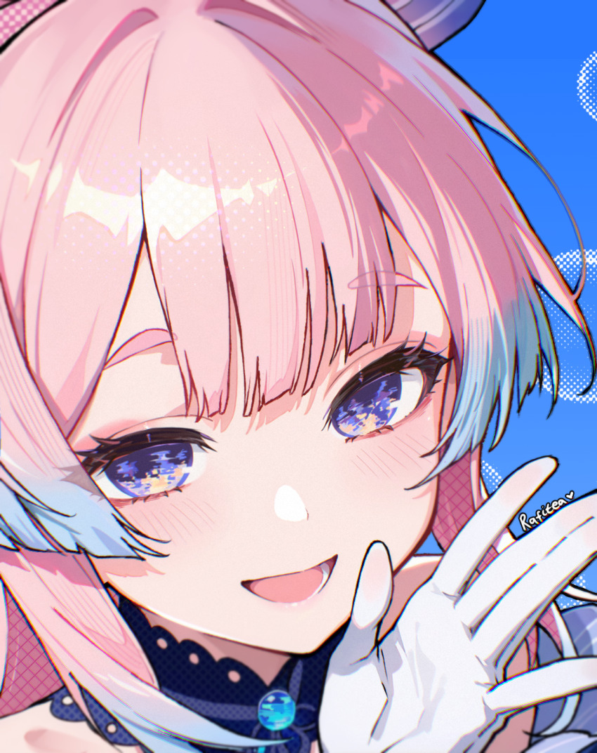 1girl, :d, artist_name, blue_background, blue_collar, blush, collar, colored_tips