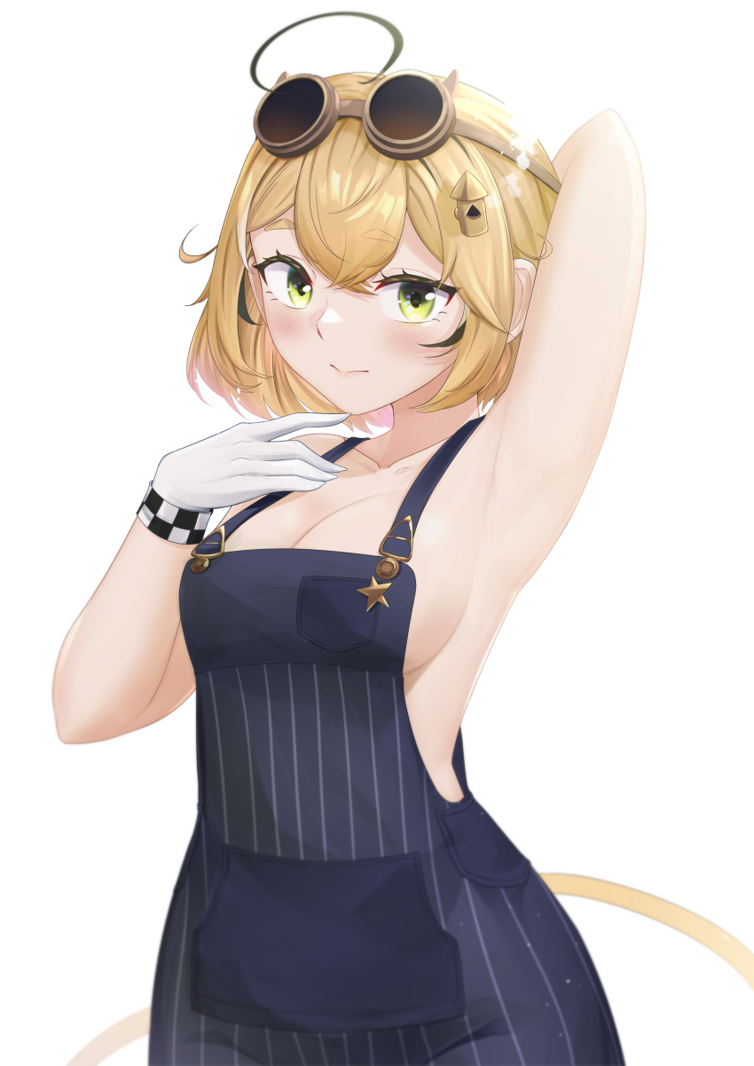 1girl, absurdres, ahoge, armpit_focus, armpits, atpoppet, blonde_hair, blue_overalls