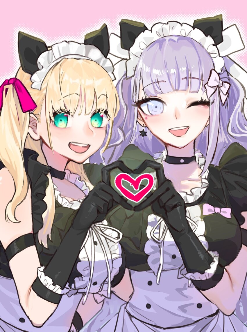 2girls, :d, akiba_hinagiku, apron, aqua_eyes, black_choker, black_dress, black_gloves, blonde_hair, breasts, choker, dress, earrings, elbow_gloves, four-finger_heart_hands, gloves, hair_ribbon, heart, heart_hands, heart_hands_duo, highres, iroha_tsuki, jewelry, large_breasts, long_hair, looking_at_viewer, maid, maid_apron, maid_headdress, multiple_girls, one_eye_closed, one_side_up, open_mouth, pink_ribbon, purple_hair, ribbon, shiratori_yokikana, single_earring, smile, teeth, tribe_nine, upper_body, upper_teeth_only, white_eyes