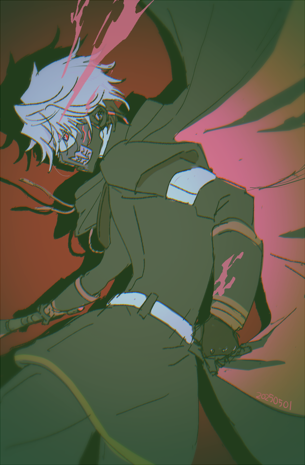 1boy, belt, black_cape, black_gloves, black_jacket, black_pants, cape, colored_sclera