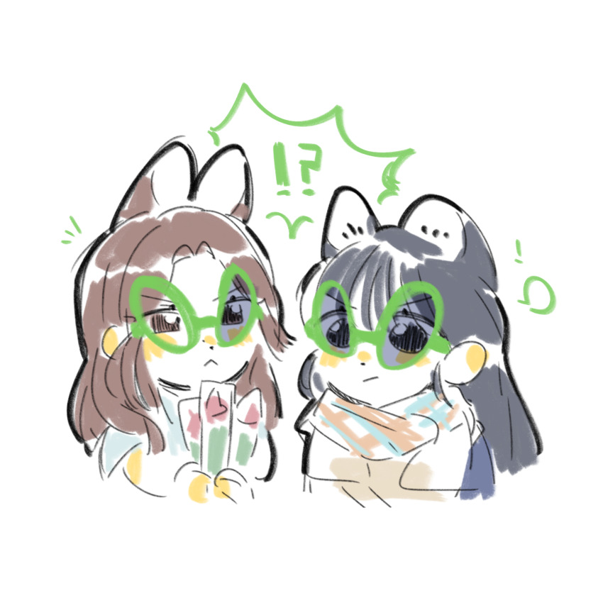 !, !?, 2girls, :<, :/, actor_connection, alien_sunglasses, animal_ears