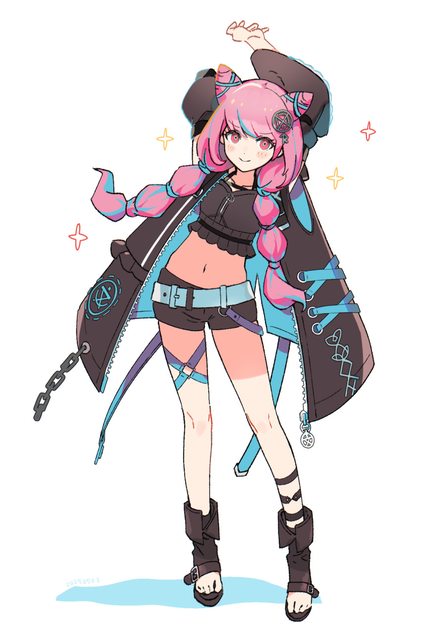 1girl, arms_up, belt, blush, boots, brown_boots, brown_jacket, brown_shirt, brown_shorts, cone_hair_bun, crop_top, double_bun, hair_bun, highres, jacket, kana0503, long_hair, looking_at_viewer, midriff, multi-tied_hair, navel, official_alternate_costume, open-toe_boots, pink_eyes, pink_hair, semba_tsuruko, shirt, shorts, smile, solo, sparkle, stretching, tribe_nine, white_belt