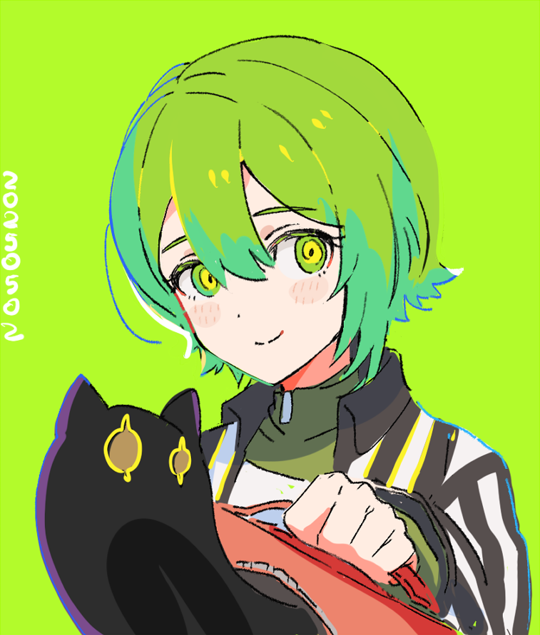 1boy, androgynous, bag, dated, green_eyes, green_hair, hair_between_eyes, holding