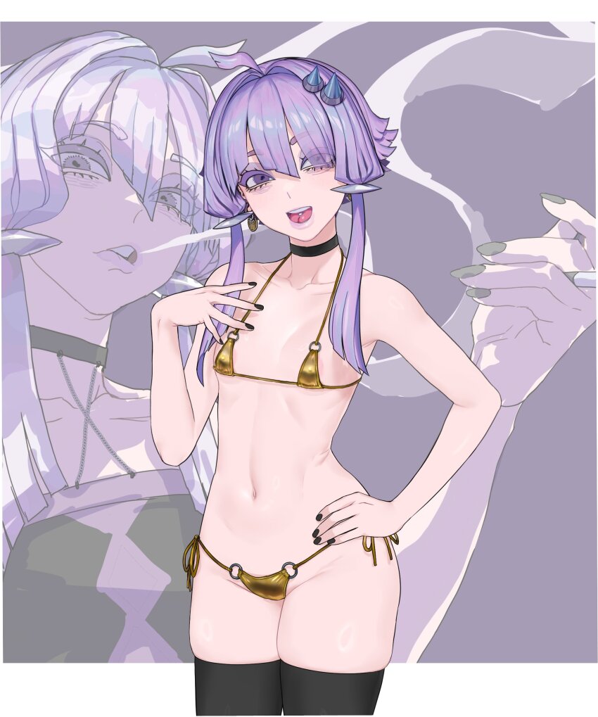 1girl, absurdres, ahoge, areola_slip, bikini, black_choker, black_nails, black_thighhighs