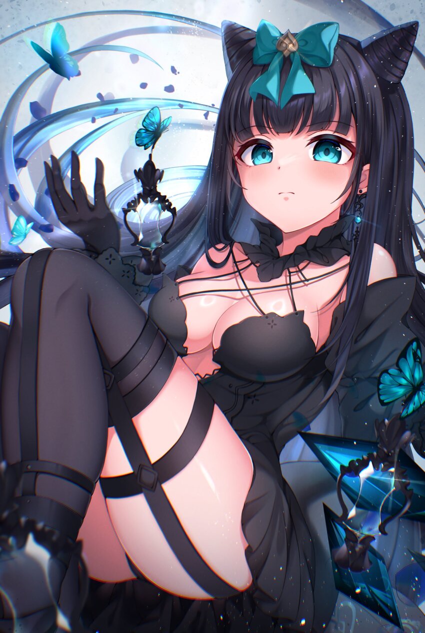 1girl, animal, arcaea, bare_shoulders, black_dress, black_gloves, black_hair, blue_butterfly