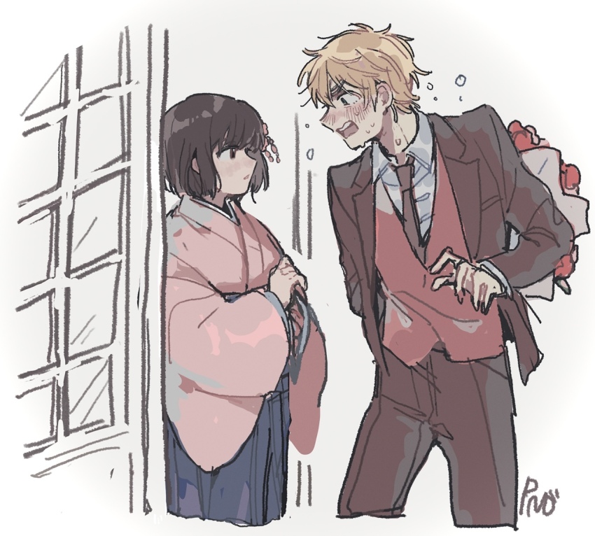 1boy, 1girl, arm_behind_back, axis_powers_hetalia, blonde_hair, blue_skirt, blush, bouquet