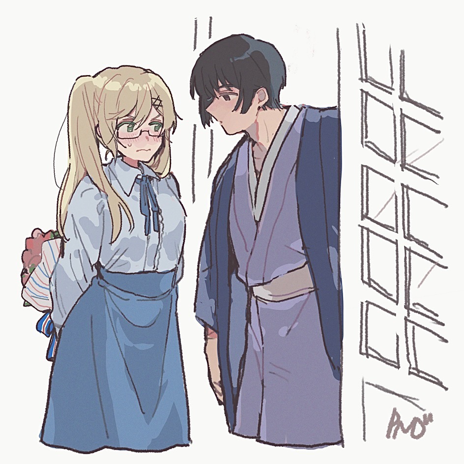 1boy, 1girl, arms_behind_back, axis_powers_hetalia, belt, black_hair, blonde_hair, blue_bow