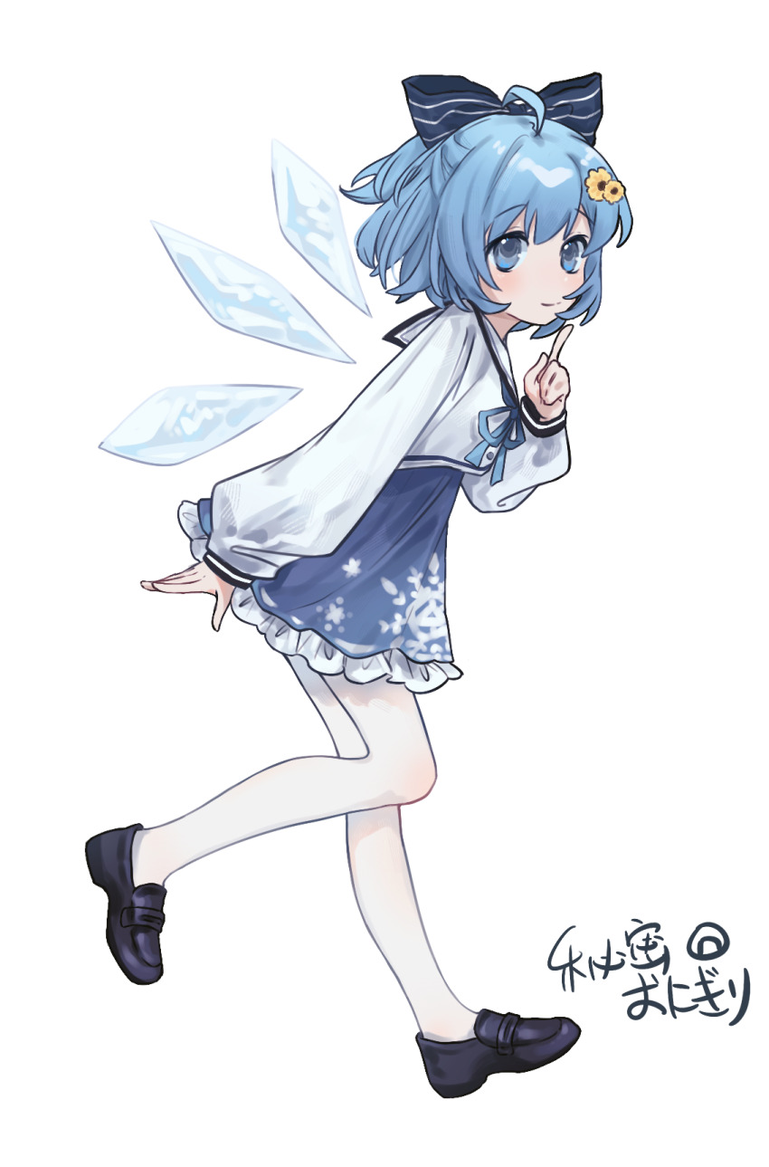 1girl, ahoge, alternate_costume, artist_name, black_shoes, blue_bow, blue_eyes, blue_hair