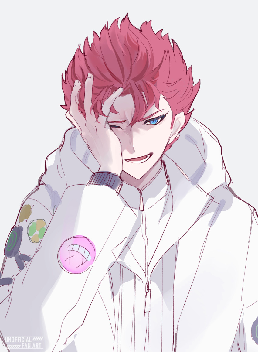 1boy, 8ato3abure, :d, blue_eyes, grey_background, hand_on_own_face, highres, jacket