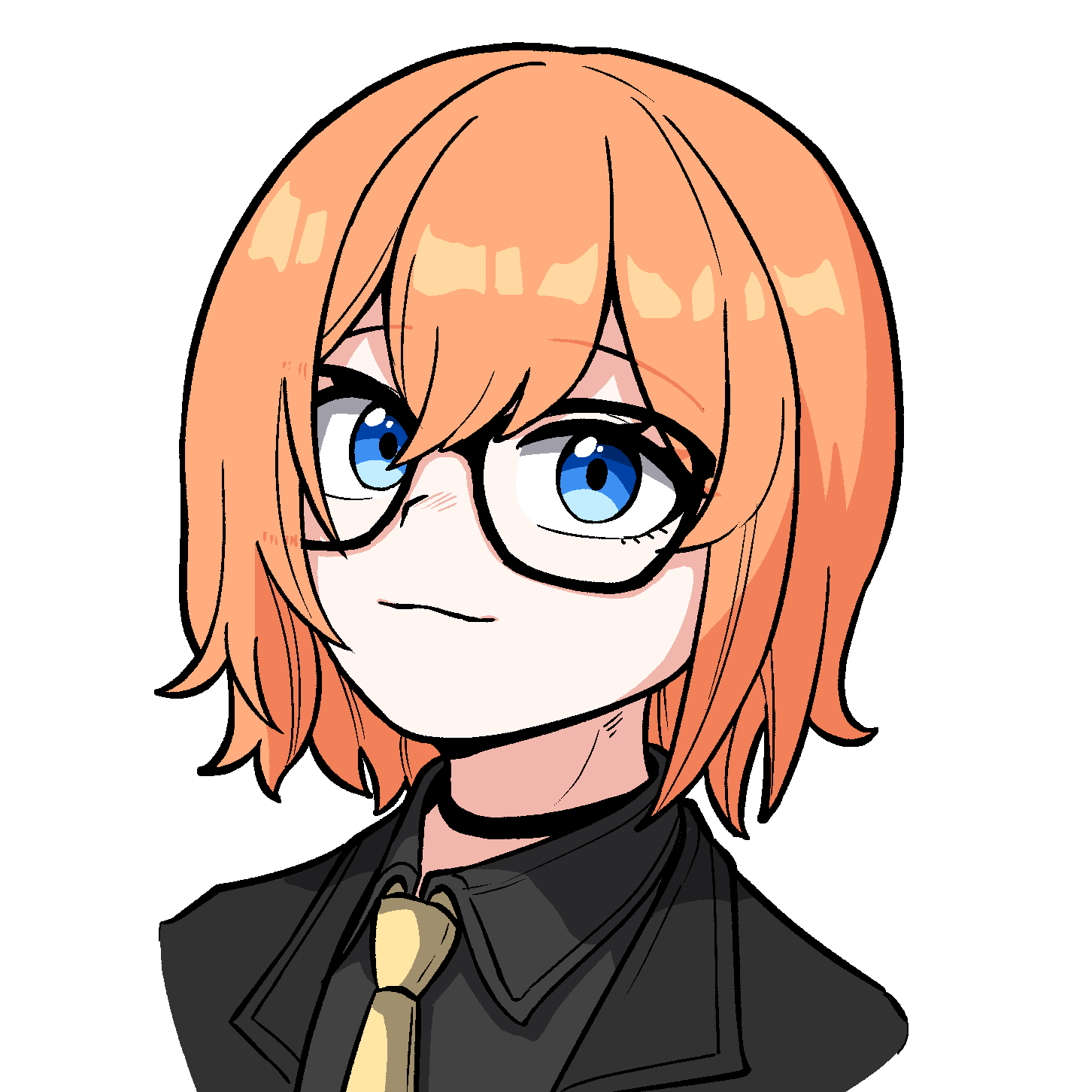 1girl, :3, black_choker, black_jacket, black_shirt, blue_eyes, choker, glasses