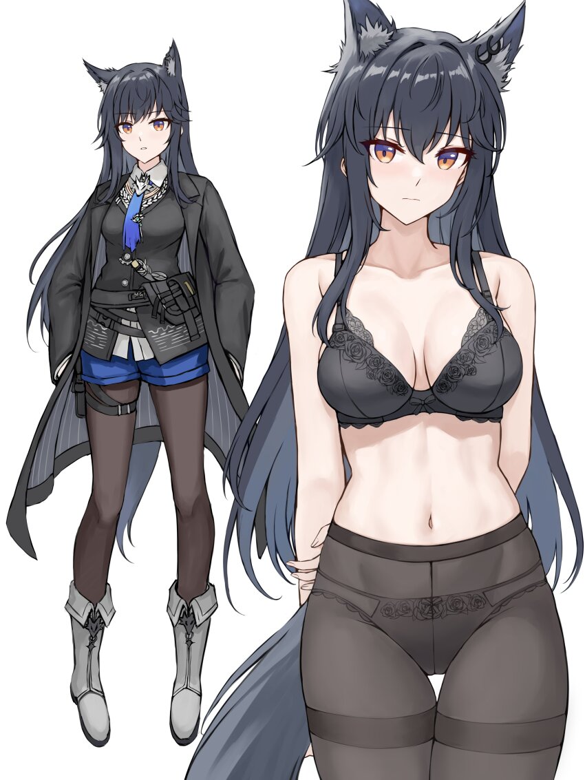 1girl, absurdres, animal_ears, arknights, arm_behind_back, black_bra, black_coat, black_hair