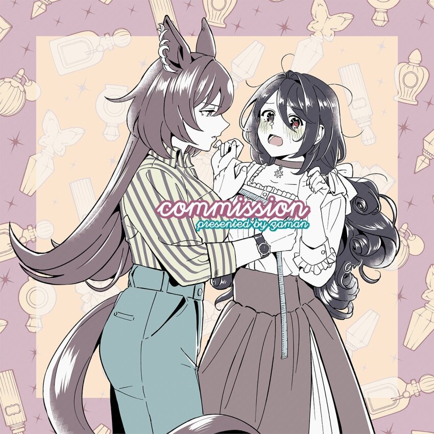 2girls, animal_ears, artist_name, black_hair, blue_pants, blush, borrowed_character, bottle