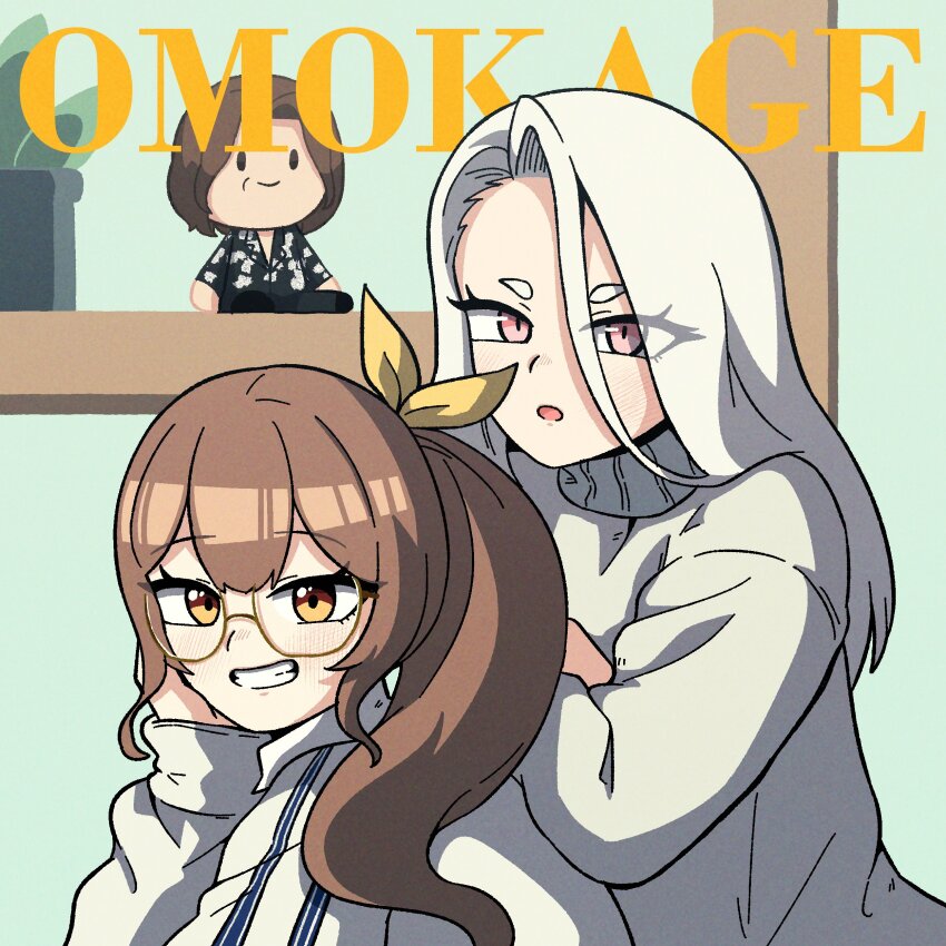 2girls, absurdres, blush, brown_hair, english_text, glasses, hand_on_own_face, highres