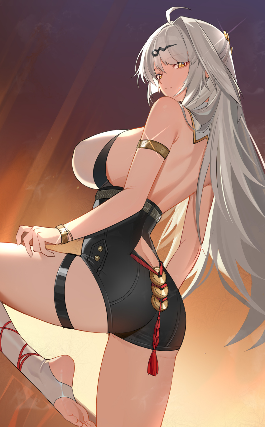 1girl, absurdres, adversarial_noise, armlet, armpit_crease, back, bare_shoulders, black_shorts