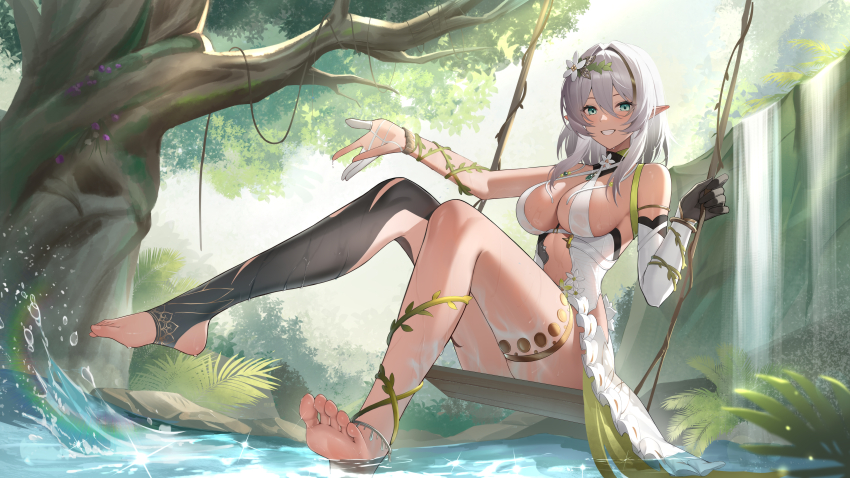 1girl, absurdres, anklet, bare_shoulders, barefoot, black_gloves, black_thighhighs, bracelet, branch, breasts, brown_hair, cleavage, commentary_request, criss-cross_halter, dark-skinned_female, dark_skin, dress, elbow_gloves, elf, feet, flower, forest, full_body, gloves, gold_thighlet, green_eyes, grey_hair, hair_between_eyes, hair_flower, hair_intakes, hair_ornament, halterneck, highres, jewelry, knees_up, large_breasts, last_popsicle, leaf_hair_ornament, legs, looking_ahead, multicolored_hair, nature, nita_(snowbreak), nita_-_pulse_(sylvan_spirit), official_alternate_costume, official_alternate_hairstyle, on_swing, plant, pointy_ears, pond, short_hair_with_long_locks, sidelocks, single_elbow_glove, single_thighhigh, sitting, smile, snowbreak:_containment_zone, soaking_feet, soles, solo, splashing, stirrup_legwear, streaked_hair, swing, thighhighs, thighlet, toeless_legwear, toes, tree, vines, water, wet, white_dress, white_hair