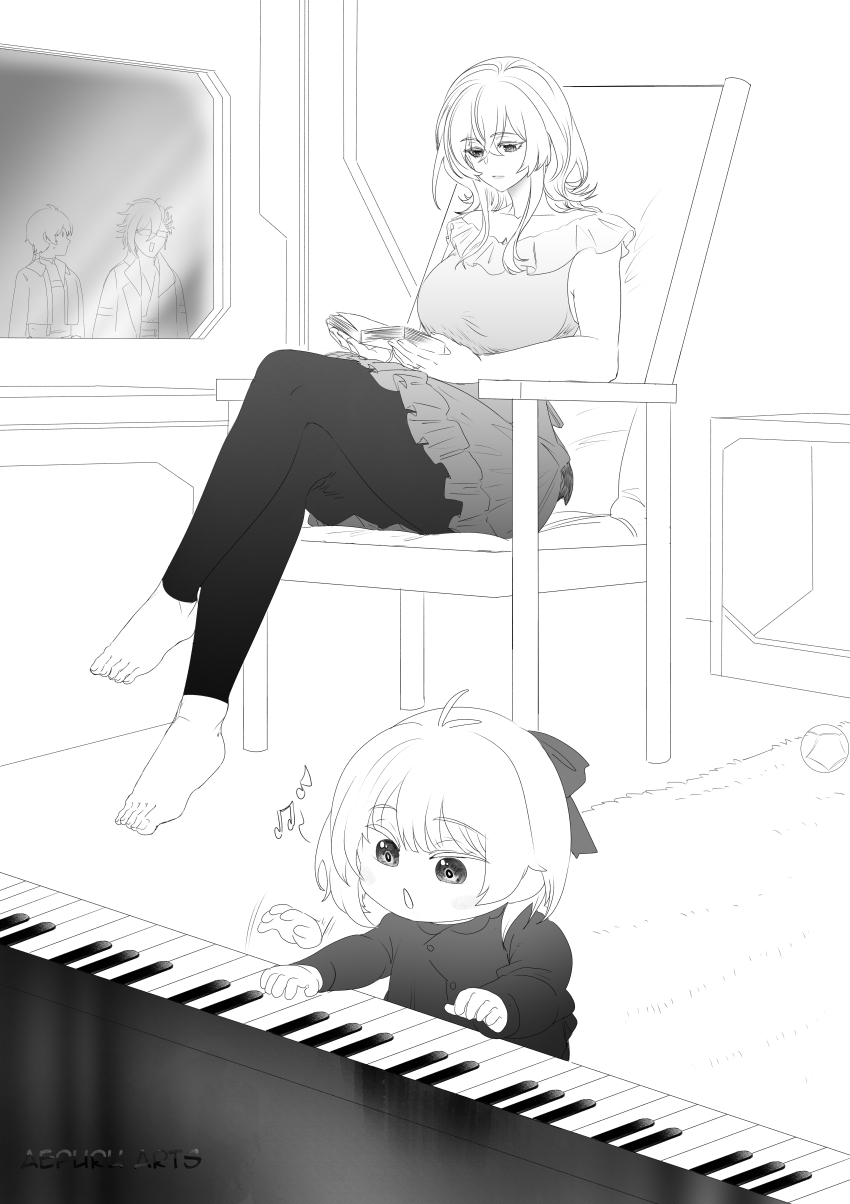 2boys, 2girls, absurdres, aepuru_arts, alternate_costume, artist_name, barefoot, breasts