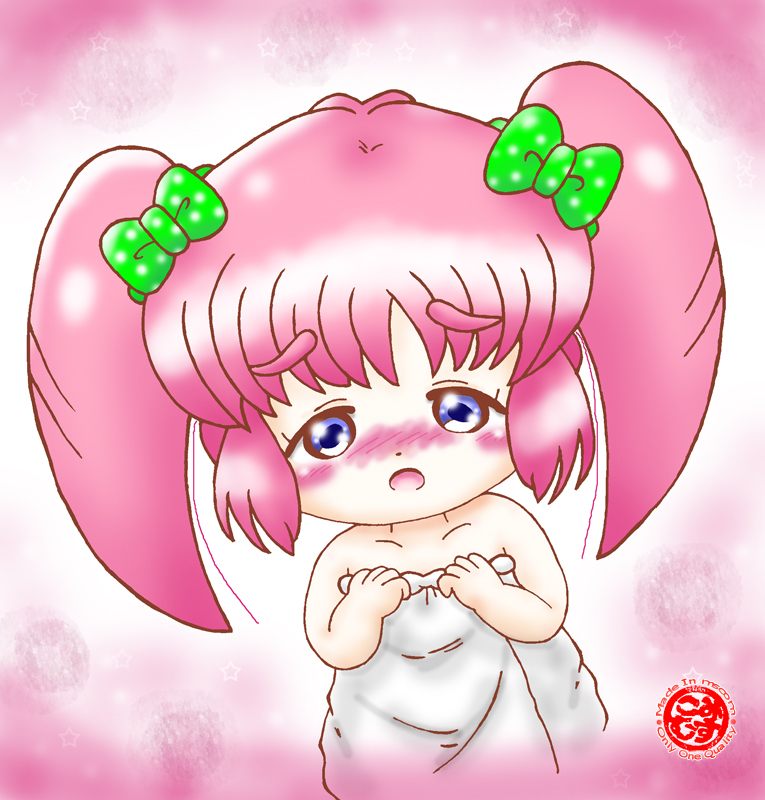 1girl, blue_eyes, blush, bow, collarbone, embarrassed, flat_chest, gradient_background, green_bow, hair_bow, ideal_girl_(misukomu_plus), long_hair, looking_at_viewer, misukomu_plus, naked_towel, open_mouth, original, pink_background, pink_hair, polka_dot, polka_dot_bow, standing, star_(symbol), star_symbol_background, toddler, towel, twintails