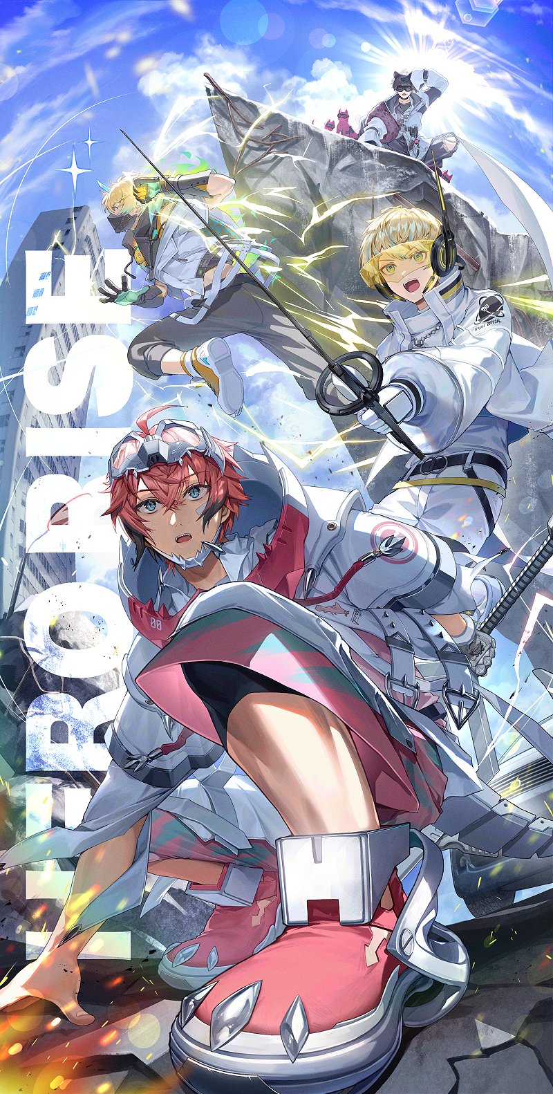 4boys, :o, ahoge, akagi_wen, akagi_wen_(1st_costume), animal_ears, aqua_hair, aqua_horns