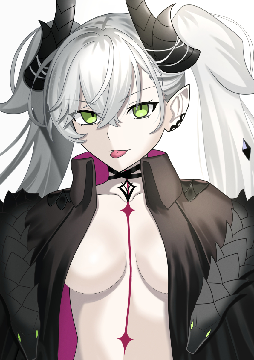 1girl, absurdres, black_cloak, body_markings, breasts, choker, cloak, crossed_bangs