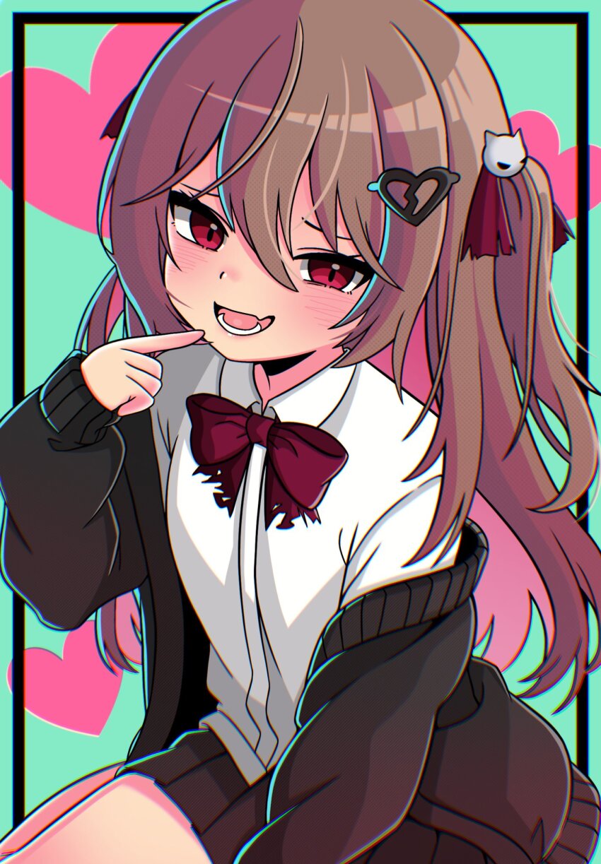 1girl, ahoge-tan, black_cardigan, black_skirt, bow, bowtie, broken_heart, broken_heart_hair_ornament, brown_hair, cardigan, collared_shirt, dress_shirt, evil_neuro-sama, finger_to_mouth, from_above, from_side, hair_between_eyes, hair_ornament, hair_ribbon, heart, highres, light_blush, long_hair, long_sleeves, looking_at_viewer, mesugaki, neuro-sama, open_mouth, pleated_skirt, red_bow, red_bowtie, red_eyes, red_ribbon, ribbon, shirt, sitting, skirt, skull_hair_ornament, solo, two_side_up, upper_body, vedal_ai, virtual_youtuber, white_shirt