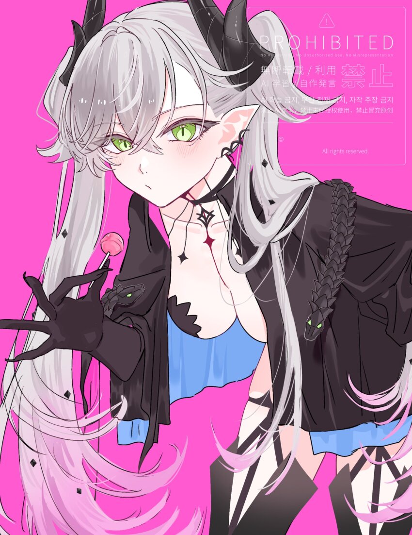 1girl, black_cloak, black_hands, black_thighhighs, blush, body_markings, breasts, candy, choker, cloak, colored_extremities, crossed_bangs, demon_girl, demon_horns, demon_wings, dpw6p39pwizgzdz, ear_piercing, fate/grand_order, fate_(series), food, green_eyes, grey_hair, hair_between_eyes, highres, horns, leaning_forward, lilith_(fate), lilith_(second_ascension)_(fate), lollipop, long_hair, looking_at_viewer, medium_breasts, piercing, pointy_ears, solo, thighhighs, thighs, twintails, very_long_hair, wings