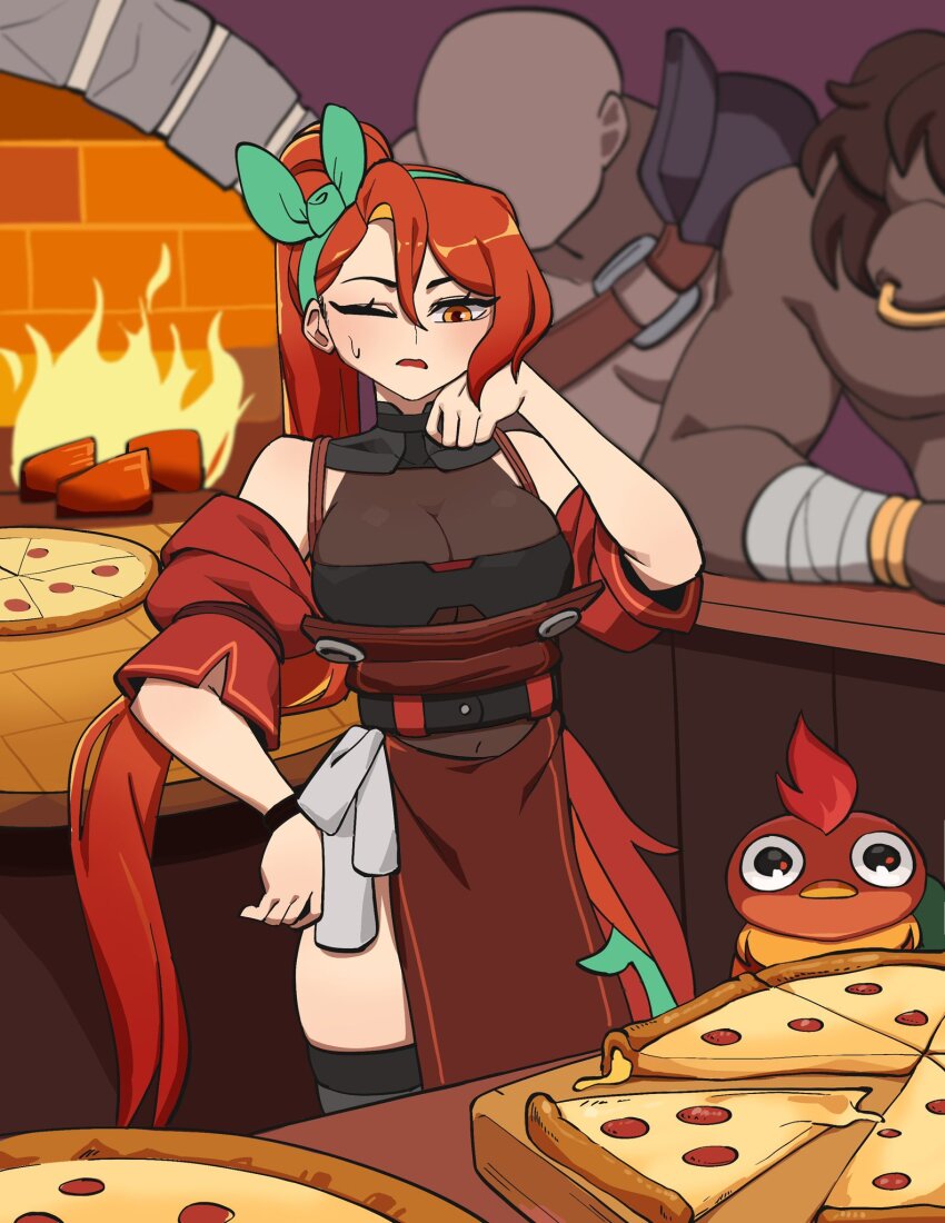 1girl, 2boys, apron, bald, black_thighhighs, breasts, brick_oven, brown_apron